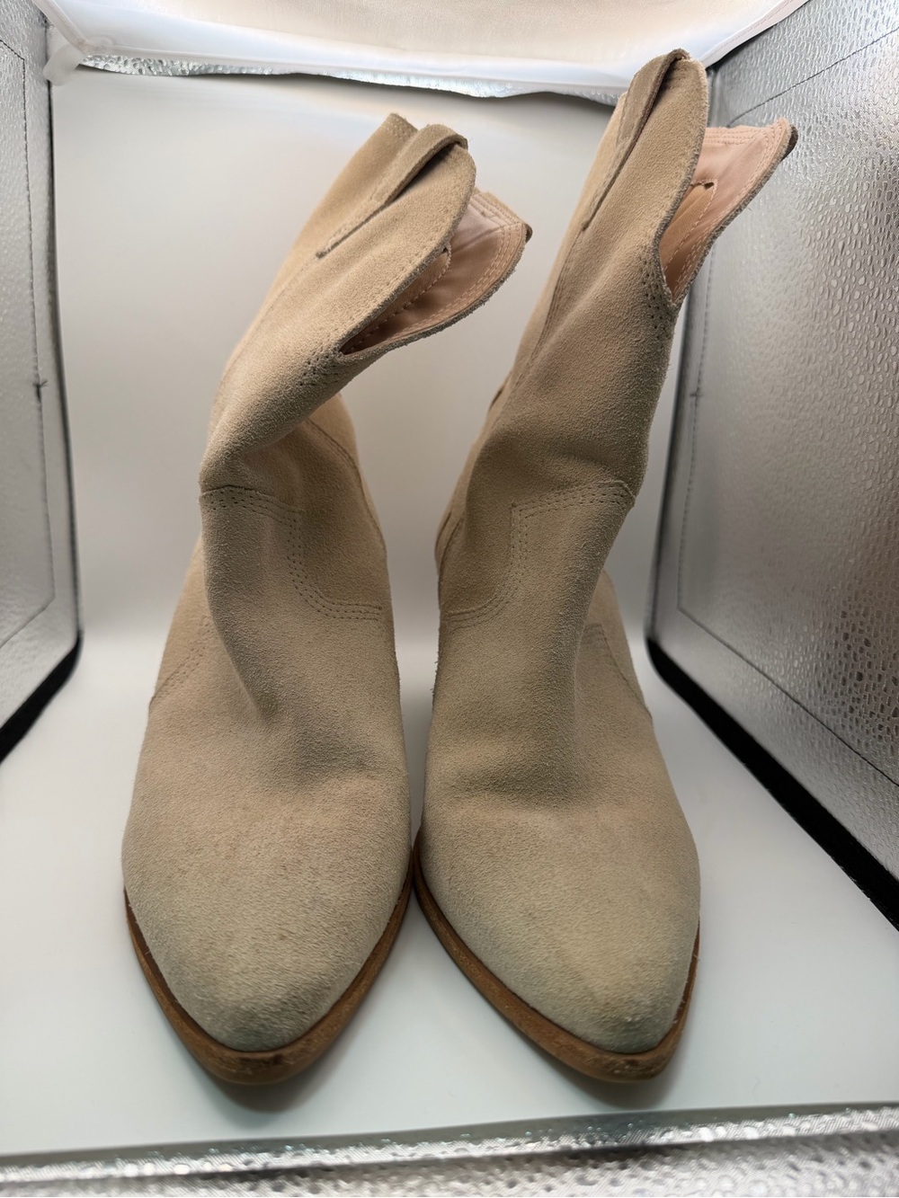 Kaanas Beige Suede Pointed Ankle Booties